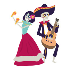 catrina and mariachi skulls playing maracas and guitar