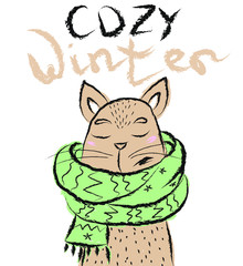 cat with skarf, cozy winter vector illustration