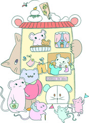 Fototapeta premium ネズミ マンション 年賀状 素材 家族 コミカル おしゃれ 楽しい お正月