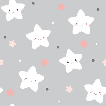 Seamless cute smiley white stars pattern on pastel grey background.