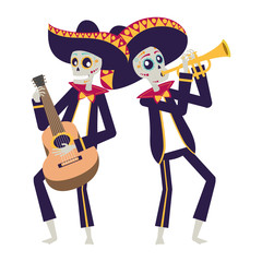mexican mariachis skulls playing guitar and trumpet