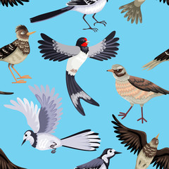 Seamless pattern from various migratory birds. Feathered animals.