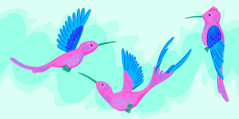 Hummingbirds, flying little birds. Bright pink animals. Vector illustration.