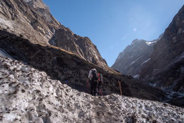Naklejka premium Trekker on the way to Annapurna base camp. Nepal