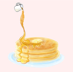 手描き　ホットケーキ　パンケーキ　メイプルシロップ　イラスト