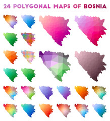 Set of vector polygonal maps of Bosnia. Bright gradient map of country in low poly style. Multicolored Bosnia map in geometric style for your infographics.