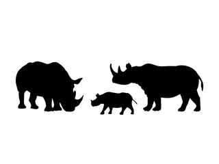Rhino family. Rhinoceros silhouettes of animals