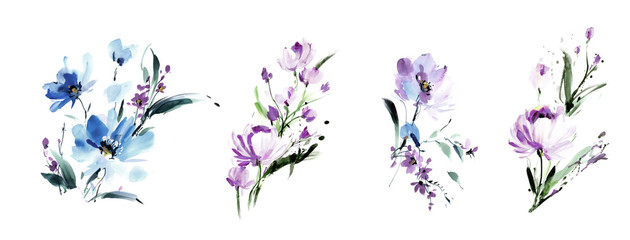 Flowers watercolor illustration.Manual composition.Big Set watercolor elements. - 300901305