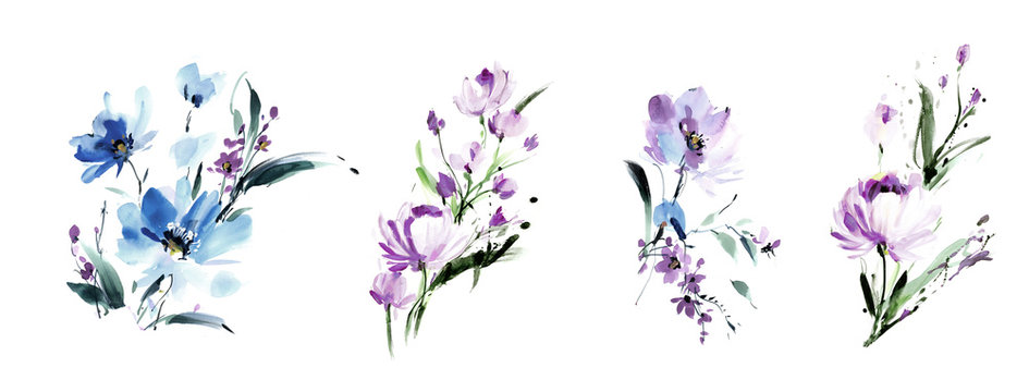 Naklejki Ilustracja akwarela kwiaty. Kompozycja ręczna. Duży zestaw elementów akwarela.