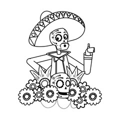 mariachi skull with floral decoration comic character