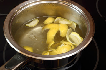 Simmer lemon peel into syrup. Candied Lemon Zest Cooking. Series.