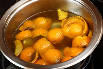 Simmer orange peel into syrup. Candied Orange Zest Cooking. Series.