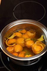 Simmer orange peel into syrup. Candied Orange Zest Cooking. Series.