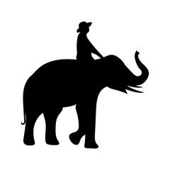 black image baby elephant Asia with Elephant mahout walking, graphics design vector outline Illustration isolated on white background