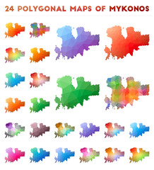 Set of vector polygonal maps of Mykonos. Bright gradient map of island in low poly style. Multicolored Mykonos map in geometric style for your infographics.