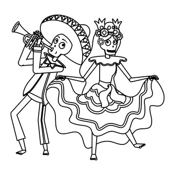 catrina and mariachi playing trumpet characters