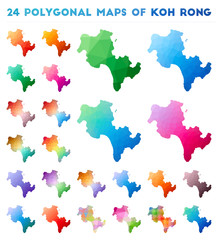 Fototapeta na wymiar Set of vector polygonal maps of Koh Rong. Bright gradient map of island in low poly style. Multicolored Koh Rong map in geometric style for your infographics.