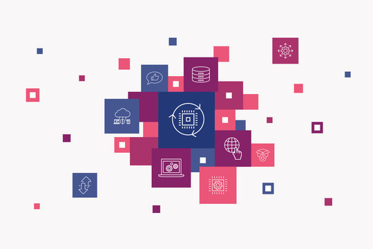Digital Transformation Infographic 10 Steps Pixel Design. Digital Services, Internet, Cloud Computing, Technology Simple Icons