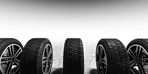 Wheels with modern alu rims on white background