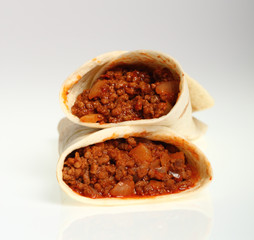 Beef tortilla with chili sauce. Enchilada.
