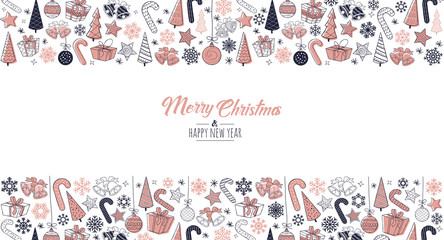 Modern greeting card Merry Christmas background. Vector illustration with Christmas elements snowflakes, trees, stars, Candy Cane, gifts. Color rose gold, blacka and white