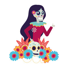 katrina skull with floral hair decoration comic character