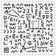 Mathematical, trigonometric formulas, symbols, schemes. Vector hand drawn education.