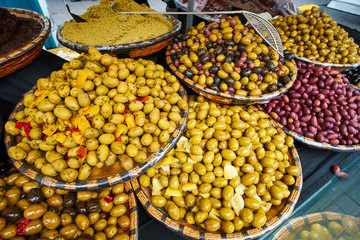 Green and black olives in the oriental market