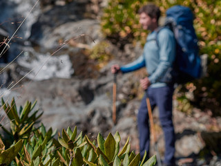 Natural mountain landscape; a young man with big backpack and climbing equipment standing on rock and enjoying a view; summer in mountain valley; active trekking lifestyle; man hiker in soft focus