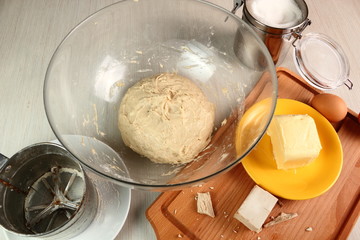 Yeast dough (leaven) after kneading, before rising. Making Poppy Seed Snail. Sweet Roll Bun.