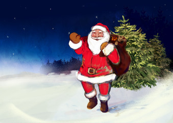 Greeting card with Santa Claus. Digital art. Free space for text.