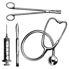 Set of medical equipment (stethoscope, scissors, syringe, scalpel) for creating your own badges, logos, labels, posters etc. Isolated on white.