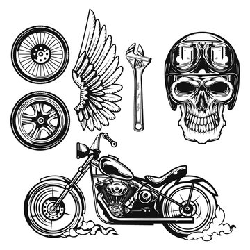 Set of motorcycle elements for creating your own badges, logos, labels, posters etc. Isolated on white.