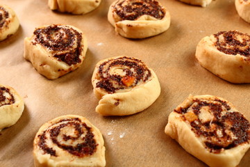 Rolls on backing paper. Making Poppy Seed Snail. Sweet Roll Bun.