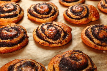 Freshly Baked. Making Poppy Seed Snail. Sweet Roll Bun.