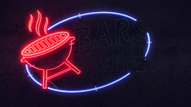 Realistic render of a vivid and vibrant flashing and flickering animated neon sign, with the words Bar & Grill, on a concrete wall background
