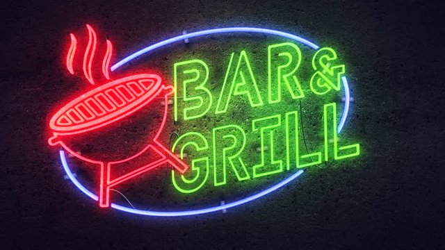 Realistic render of a vivid and vibrant animated neon sign, with the words Bar & Grill, on a concrete wall background