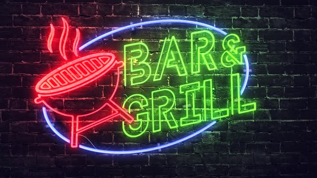 Realistic render of a vivid and vibrant animated neon sign, with the words Bar & Grill, on a brick wall background