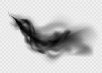 Black smoke cloud isolated on transparent background. Black cloudiness or smog. Realistic dark vector effect. © Likanaris