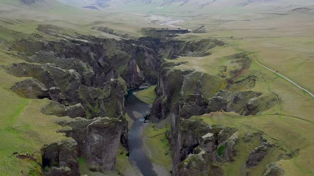 Drone aerial flying above Fjadrargljufur canyon in Iceland