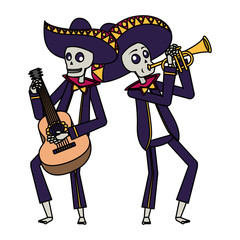 mexican mariachis skulls playing guitar and trumpet