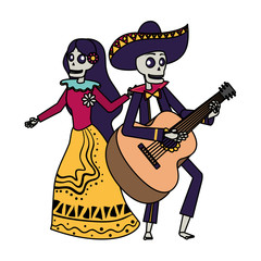 catrina and mariachi skulls dancing and playing guitar