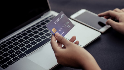 Online shopping, payment at the store, credit card, concept
