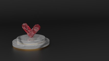 3D rendering of red gemstone symbol of angle down icon