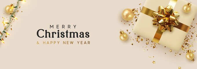 Fototapeta na wymiar Holiday banner Merry Christmas and Happy New Year. Xmas design with realistic objects, realistic beige gift box, golden balls, light lamps garlands, glitter gold confetti. Festive horizontal poster