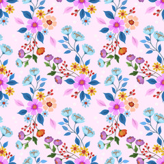 Hand drawn flowers in pink color seamless pattern.