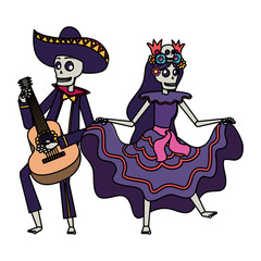 catrina and mariachi skulls dancing and playing guitar