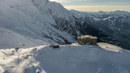 Aerial drone view of Cable Car staion on Aiguille du plan, Mont Blanc, French Alps