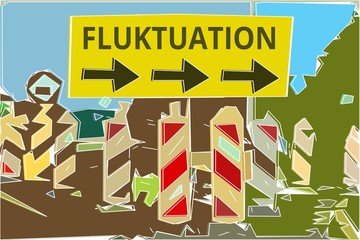 Fluktuation - Konzept Wegweiser Gelbes Schild 14, Pfeile nach rechts - obrazy, fototapety, plakaty
