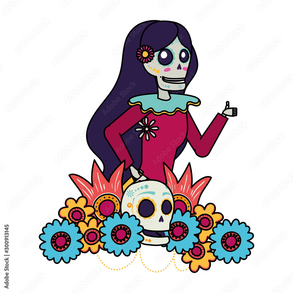 Poster katrina skull with floral hair decoration comic character